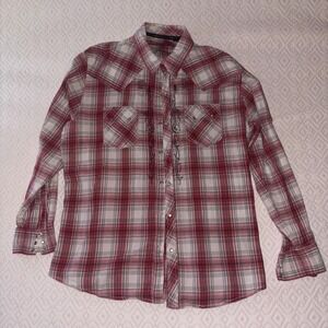 Ely Cattleman Pearl Snap Shirt Mens XL Red Plaid Cowboy Sawtooth Pockets VTG